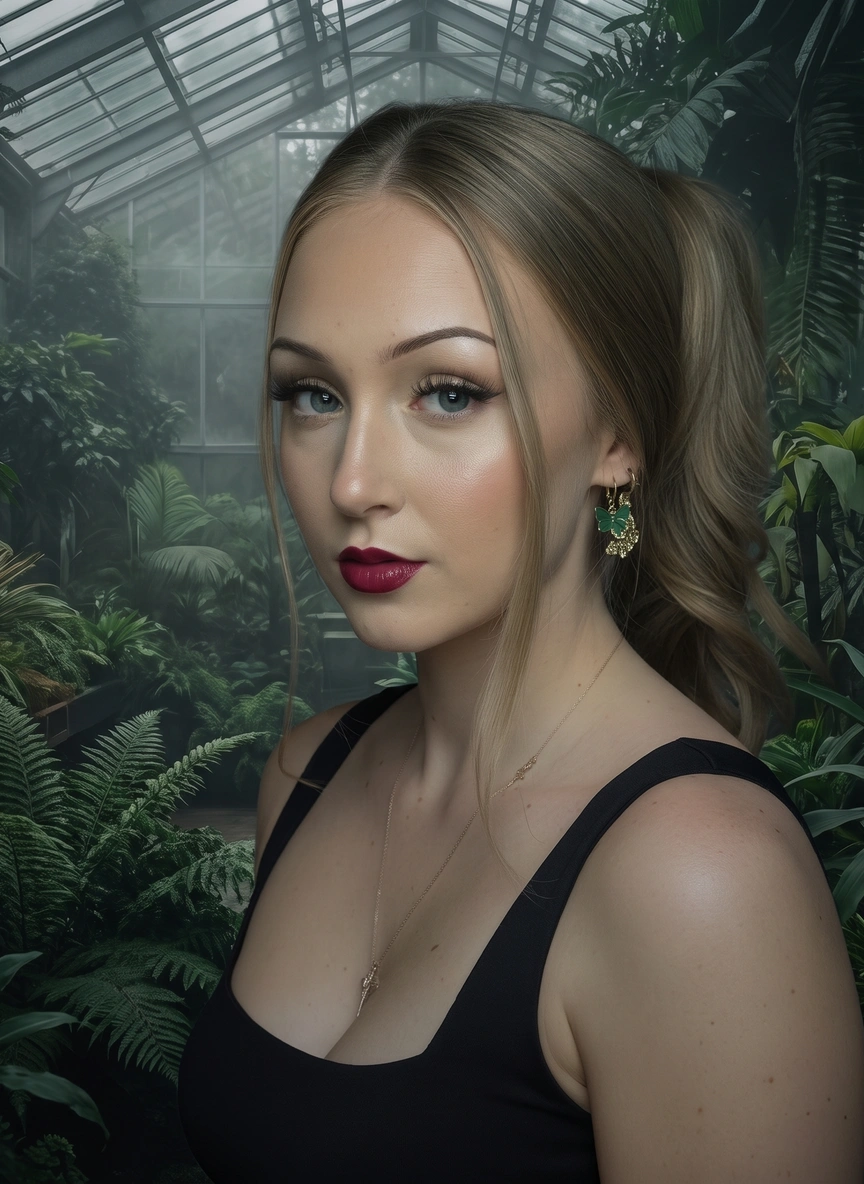 Natalie, vocalist and producer, in her greenhouse studio surrounded by plants